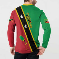 Green and red back button sweatshirt with yellow diagonal stripe, stars, and script graphic.