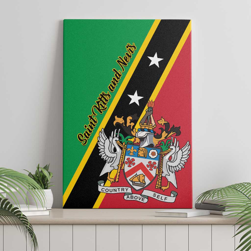 Green canvas wall art with diagonal black panel, stars, and coat of arms crest.