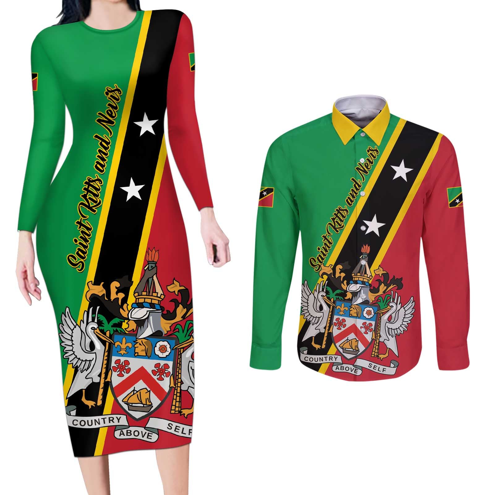 Saint Kitts and Nevis Couples Matching Long Sleeve Bodycon Dress and Long Sleeve Button Shirt Country Above Self - Wonder Print Shop