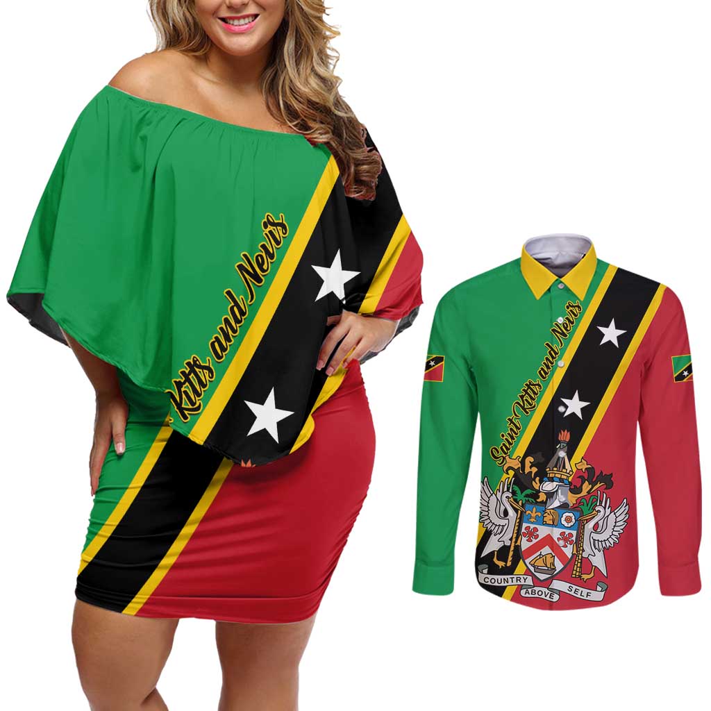 Saint Kitts and Nevis Couples Matching Off Shoulder Short Dress and Long Sleeve Button Shirt Country Above Self - Wonder Print Shop