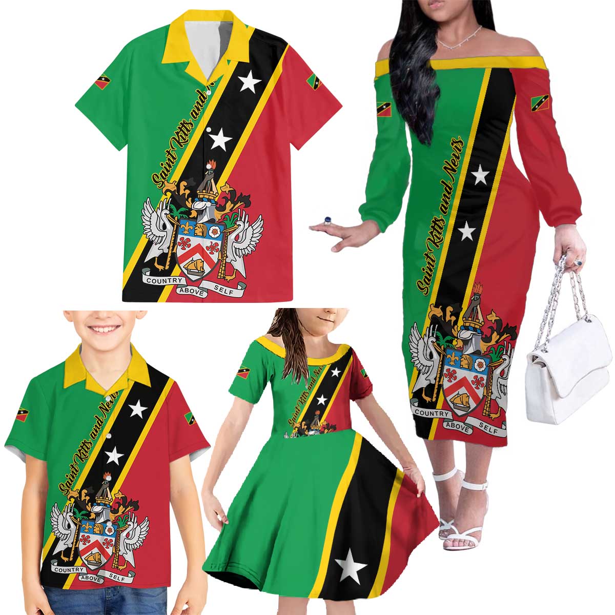 Saint Kitts and Nevis Family Matching Off The Shoulder Long Sleeve Dress and Hawaiian Shirt Country Above Self - Wonder Print Shop