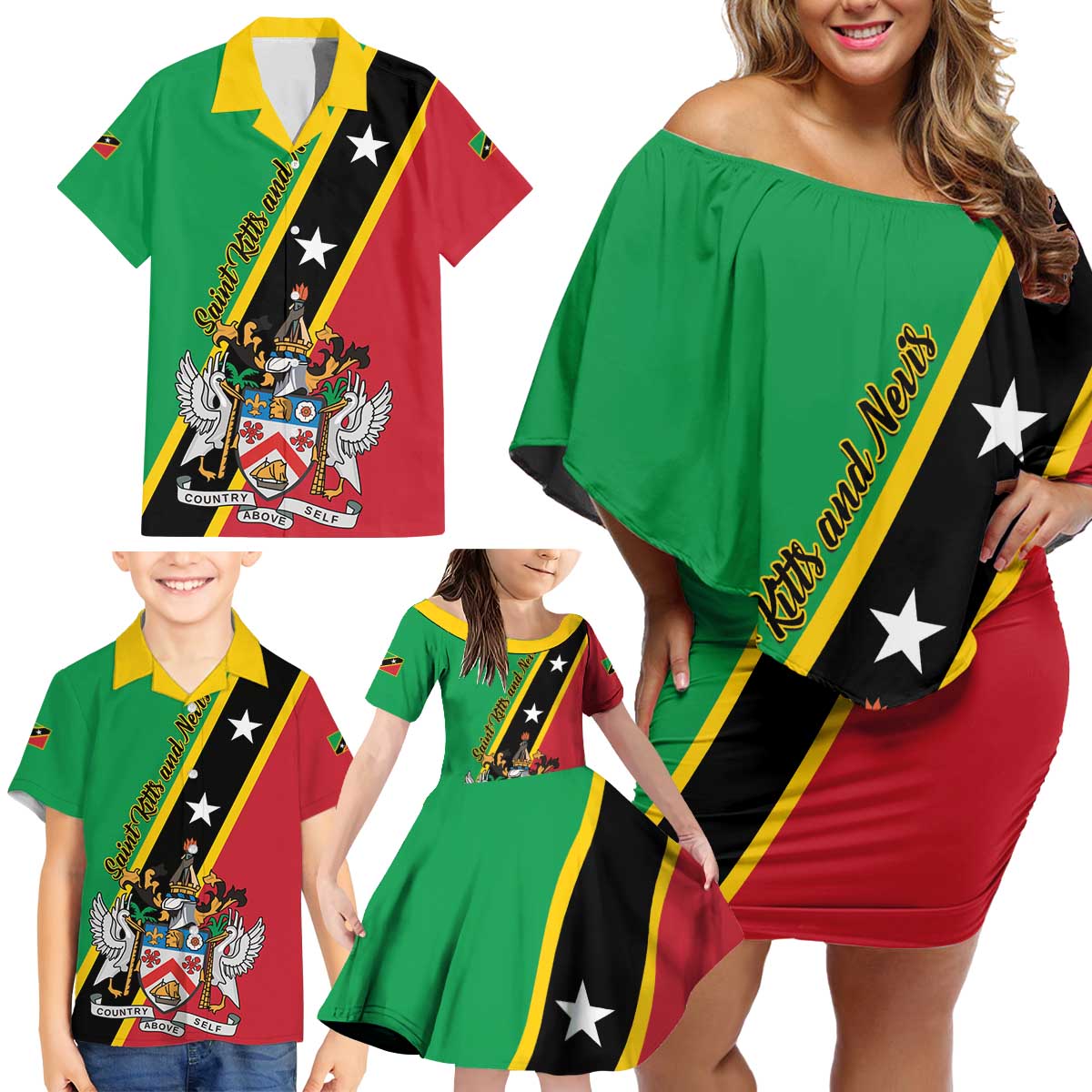 Saint Kitts and Nevis Family Matching Off Shoulder Short Dress and Hawaiian Shirt Country Above Self - Wonder Print Shop