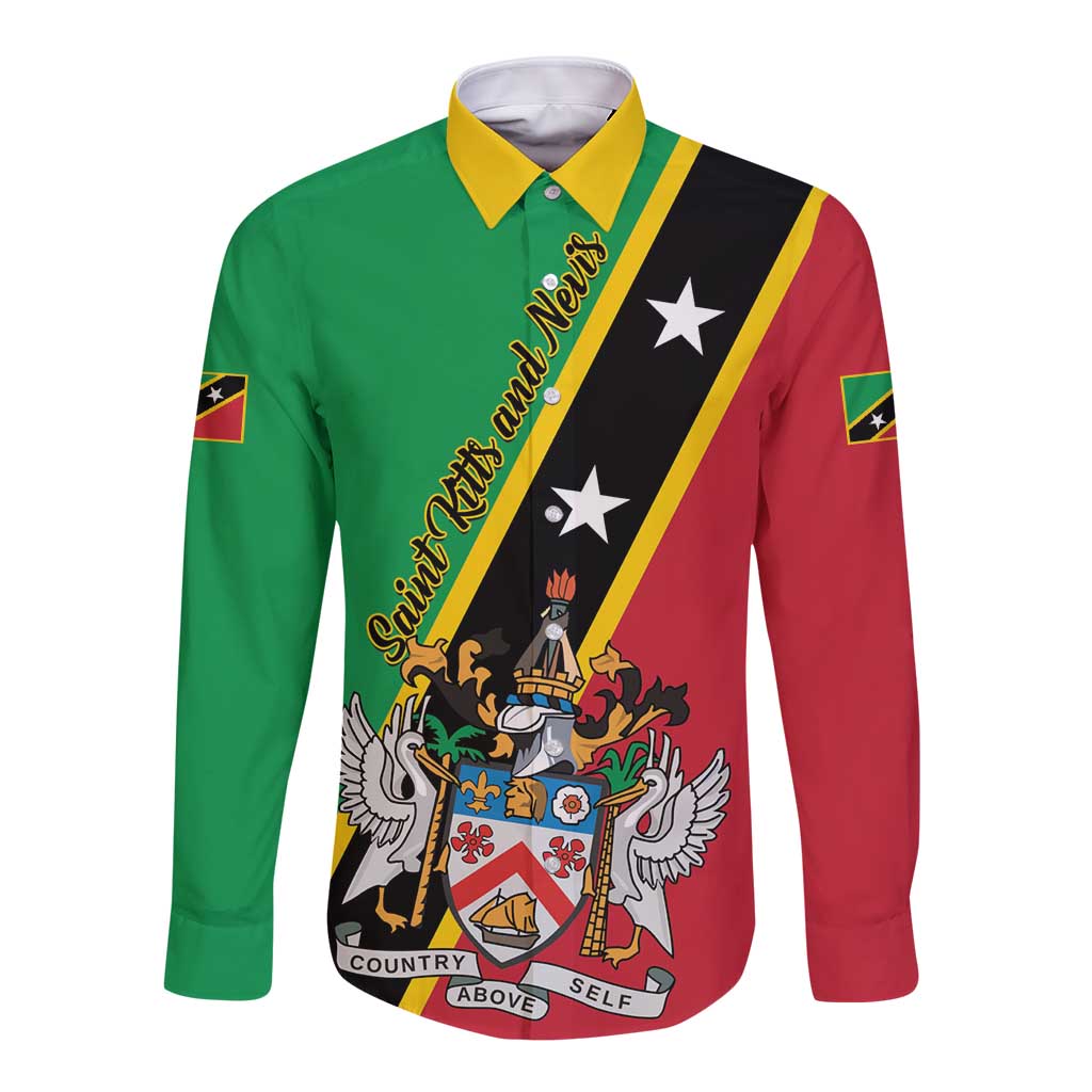 Green long-sleeve button shirt with red panel, black diagonal flag graphic, stars