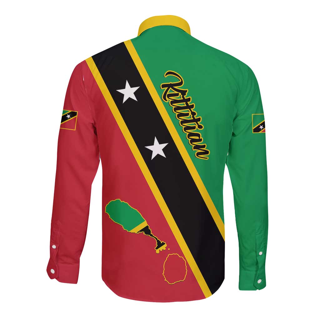 Back of green and red long-sleeve button shirt with black diagonal stripe and stars
