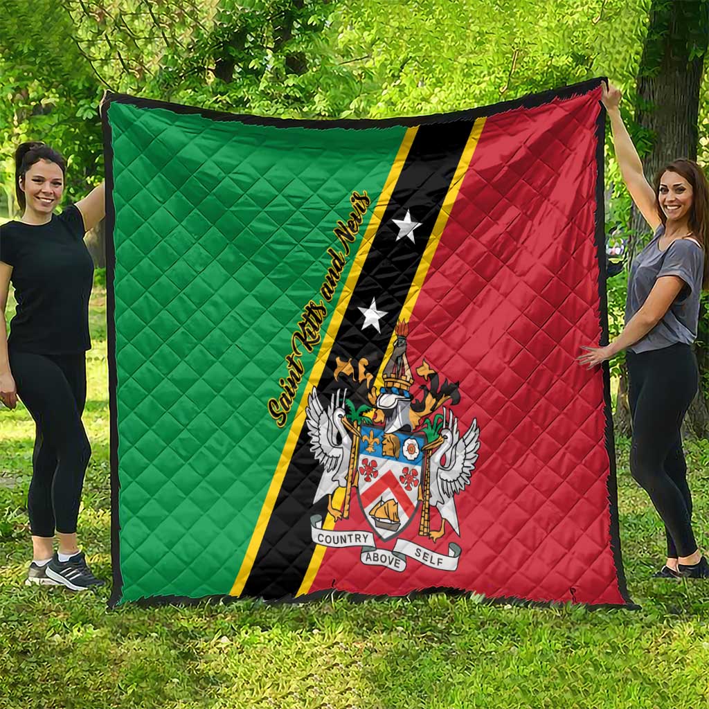Green, black, and red quilt banner with star stripe and coat-of-arms crest