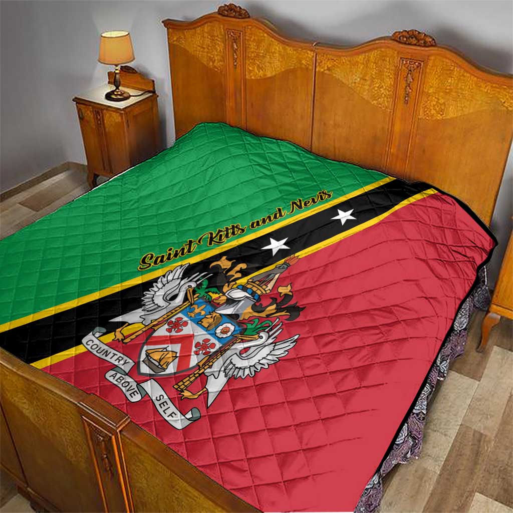 Green and red quilt with black star stripe and national crest in the center