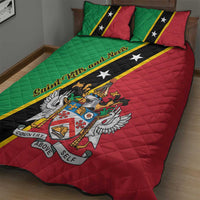 Green and red quilt bed set with crest emblem, black stripe, and star details