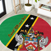 Green round country crest area rug with black, yellow, and red flag stripe border