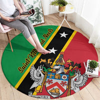 Green round country crest rug featuring black star band and red side panel
