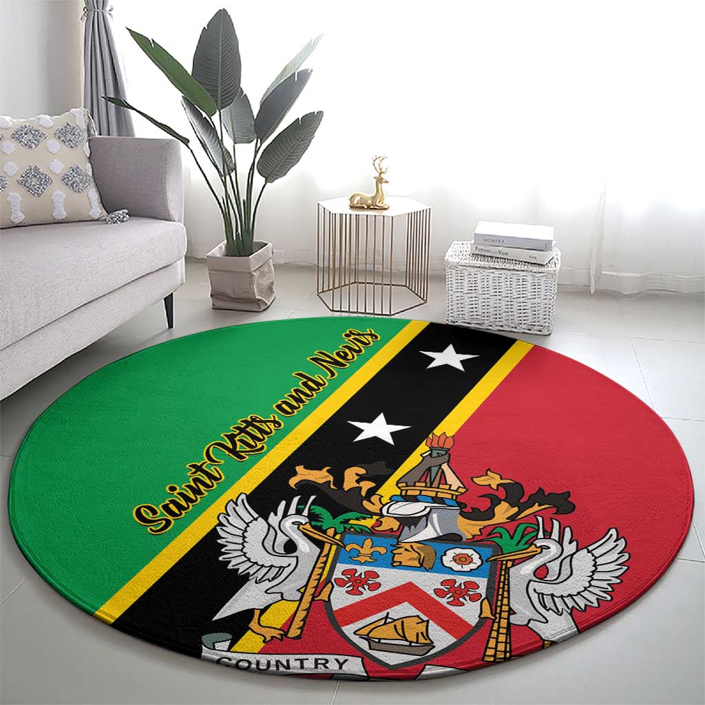 Green round rug with illustrated crest, white stars, and black yellow trim