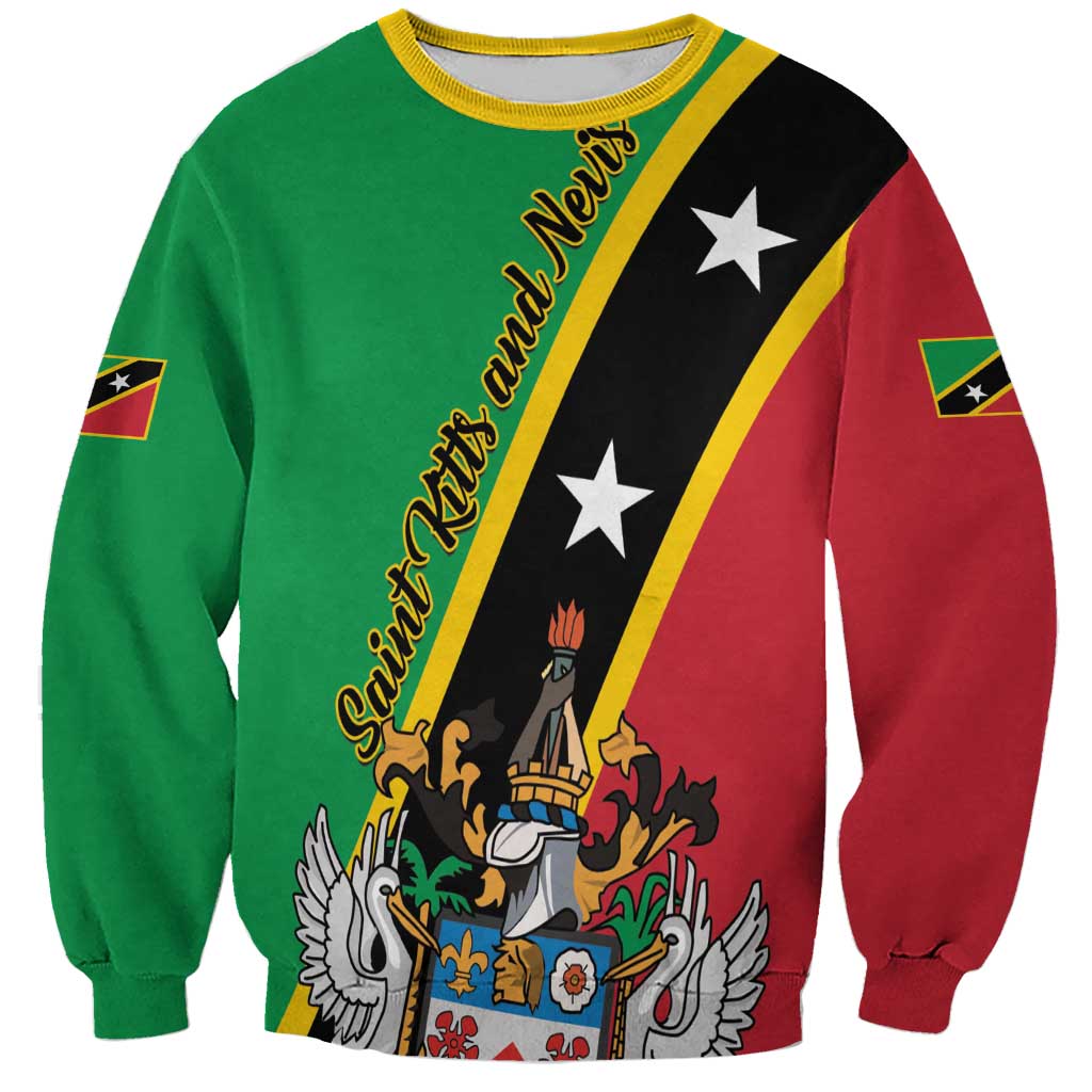 Green crewneck sweatshirt with diagonal Saint Kitts & Nevis flag print and sleeve emblem
