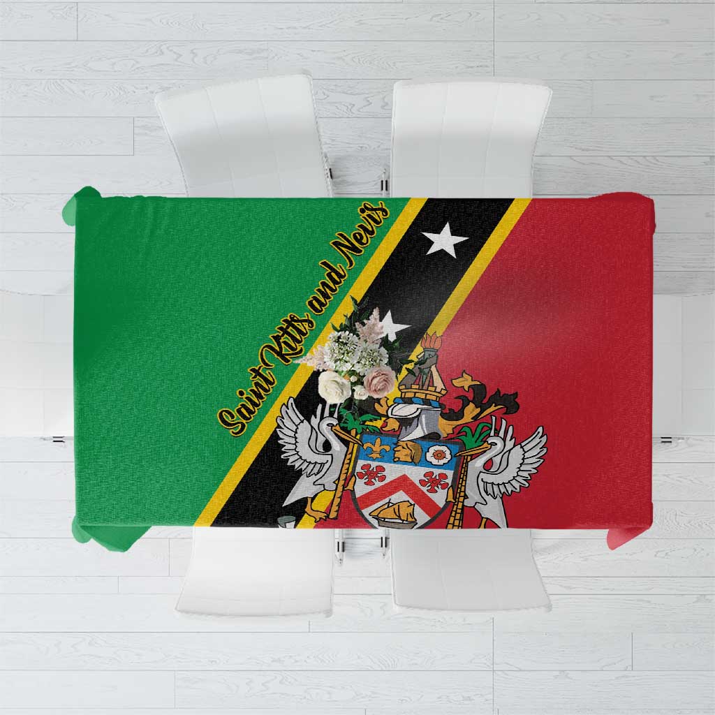 Green and red tablecloth with black stripe and crest, “Saint Kitts and Nevis” text