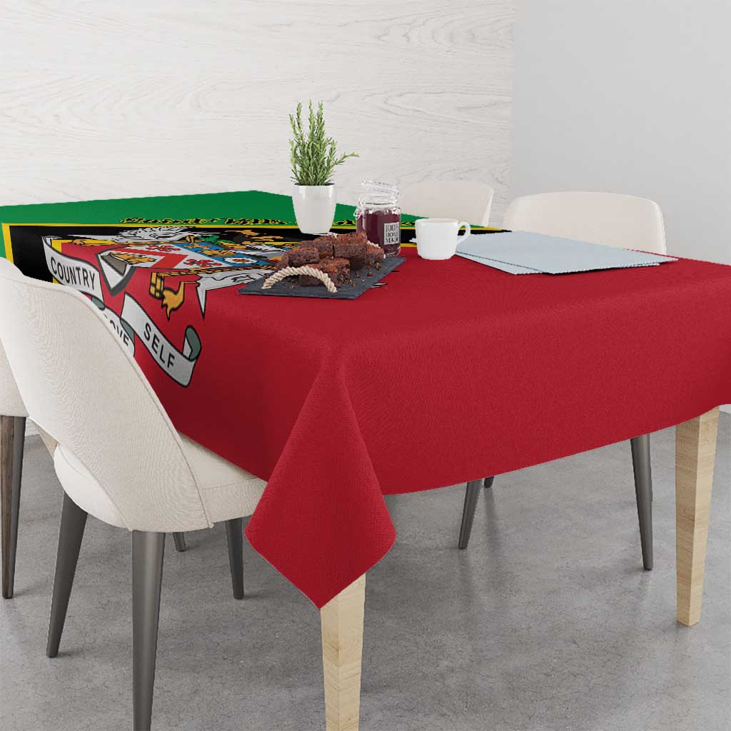Red tablecloth with green-and-black side panel, draped over dining table with corner drop