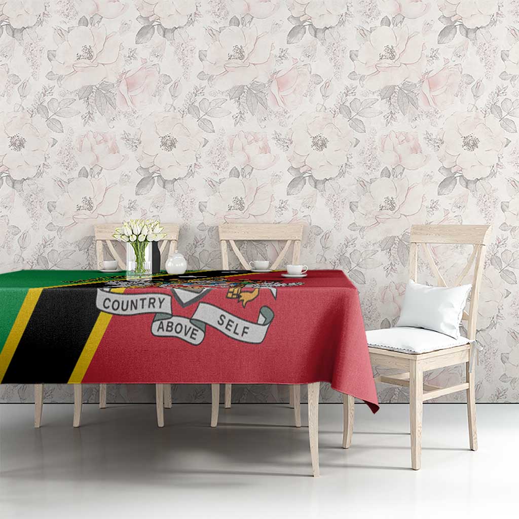 Red tablecloth with green trim and “Country Above Self” banner, draped on dining table