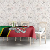 Red tablecloth with green trim and “Country Above Self” banner, draped on dining table
