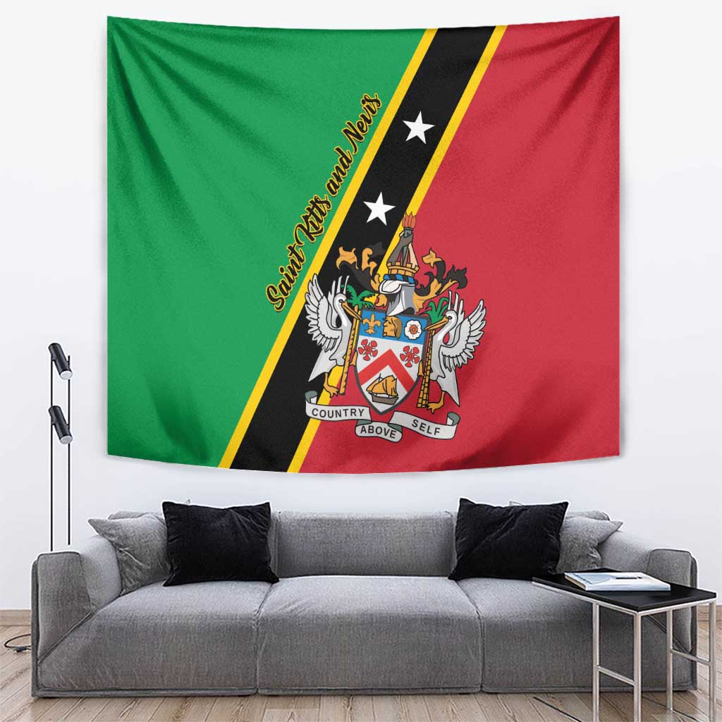 Green and red diagonal Saint Kitts and Nevis flag tapestry with coat of arms and stars