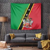 Green red black diagonal wall tapestry with Saint Kitts and Nevis coat of arms and stars
