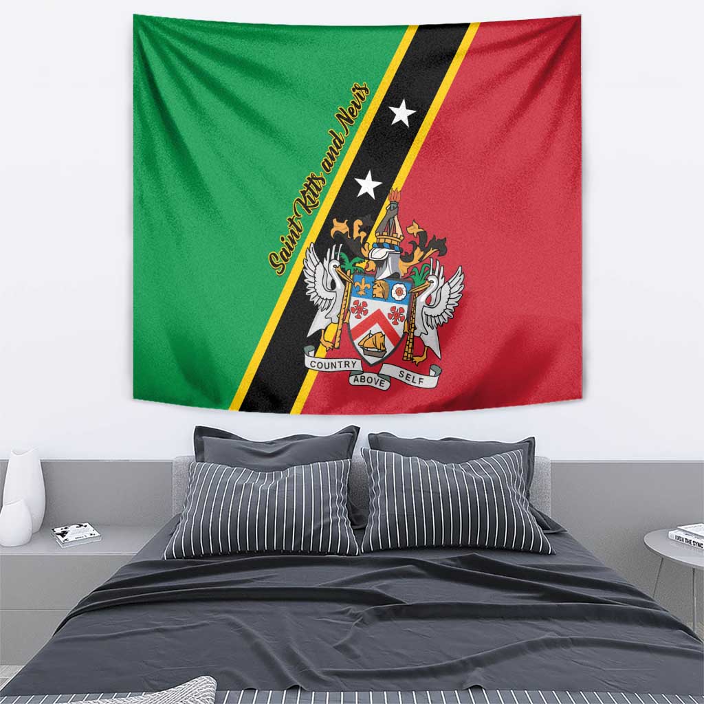 Green, red, and black Saint Kitts and Nevis tapestry with yellow-edged stripe and crest