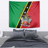 Green, red, and black Saint Kitts and Nevis tapestry with yellow-edged stripe and crest