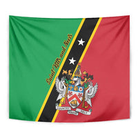 Wall tapestry showing green and red fields, black stripe, yellow trim, and coat of arms