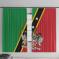 Two-panel window curtain showing Saint Kitts and Nevis emblem with green, black, and red.