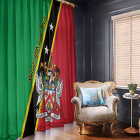 Window curtain with Saint Kitts and Nevis flag stripes and crest in green, black, and red.