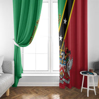 Green and red window curtains with Saint Kitts and Nevis flag design, hanging by a door.