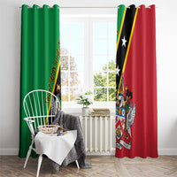 Window curtains with Saint Kitts and Nevis flag design, green left and red right with emblem.