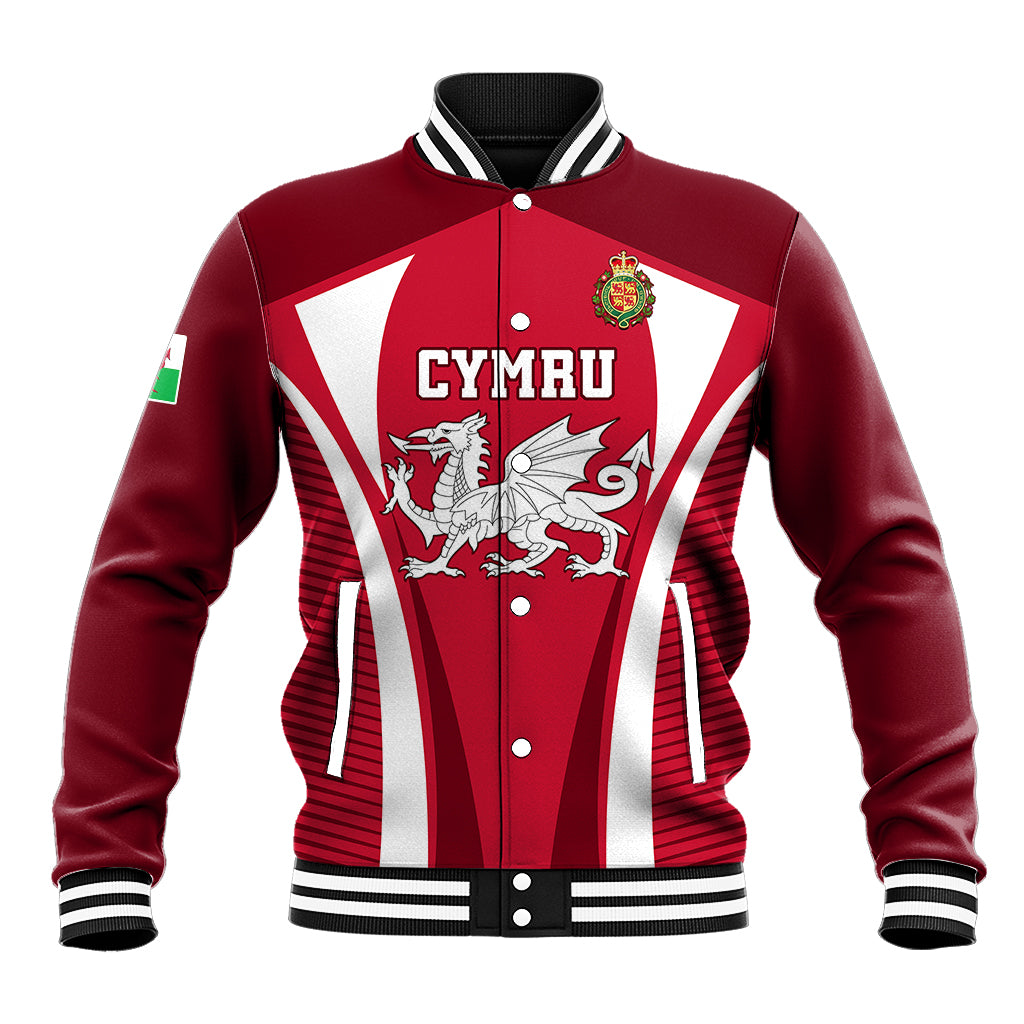 Red Wales rugby baseball jacket with white stripe panels and front crest graphic