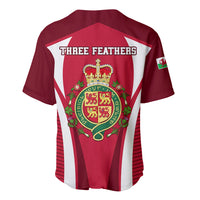 Red Wales rugby baseball jersey back with THREE FEATHERS text and large crest