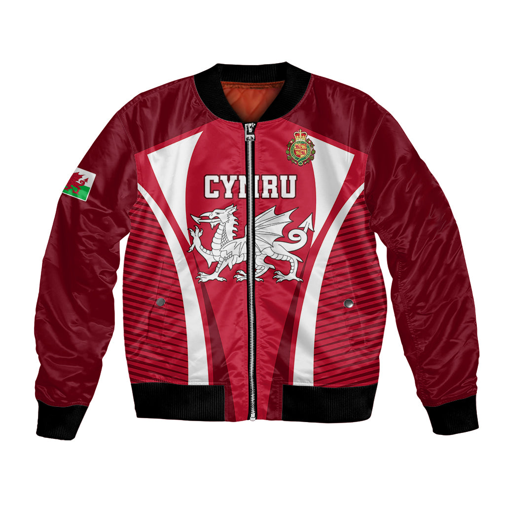 Red Wales rugby bomber jacket with front zip, Wales crest, striped design, black ribbed cuffs