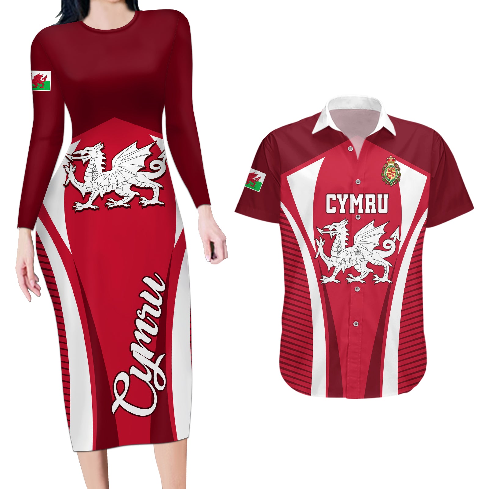 Wales Rugby Couples Matching Long Sleeve Bodycon Dress and Hawaiian Shirt Three Feathers Dragon 2023 World Cup - Wonder Print Shop