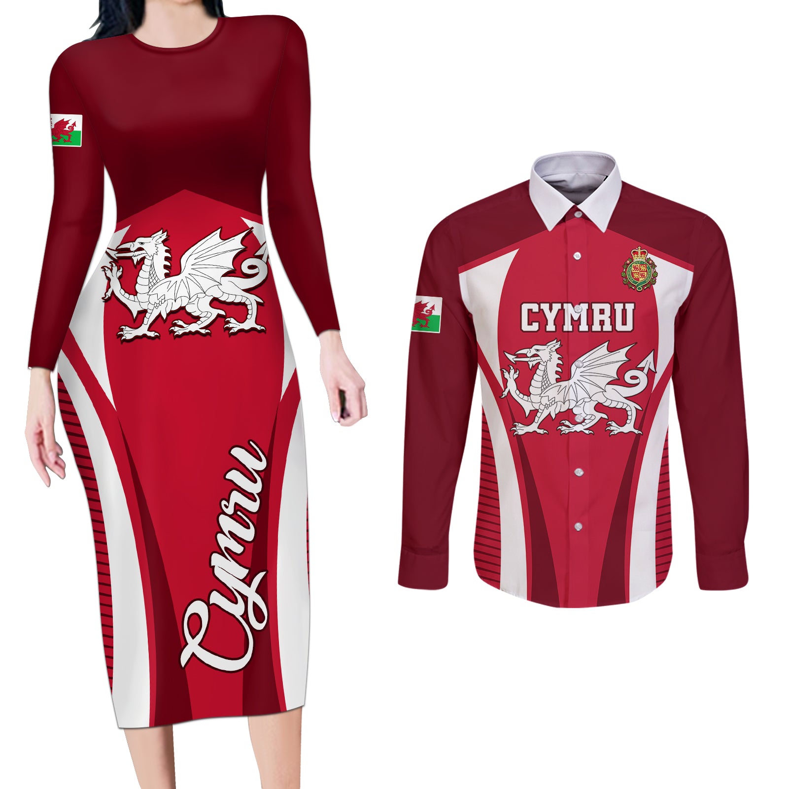 Wales Rugby Couples Matching Long Sleeve Bodycon Dress and Long Sleeve Button Shirts Three Feathers Dragon 2023 World Cup - Wonder Print Shop