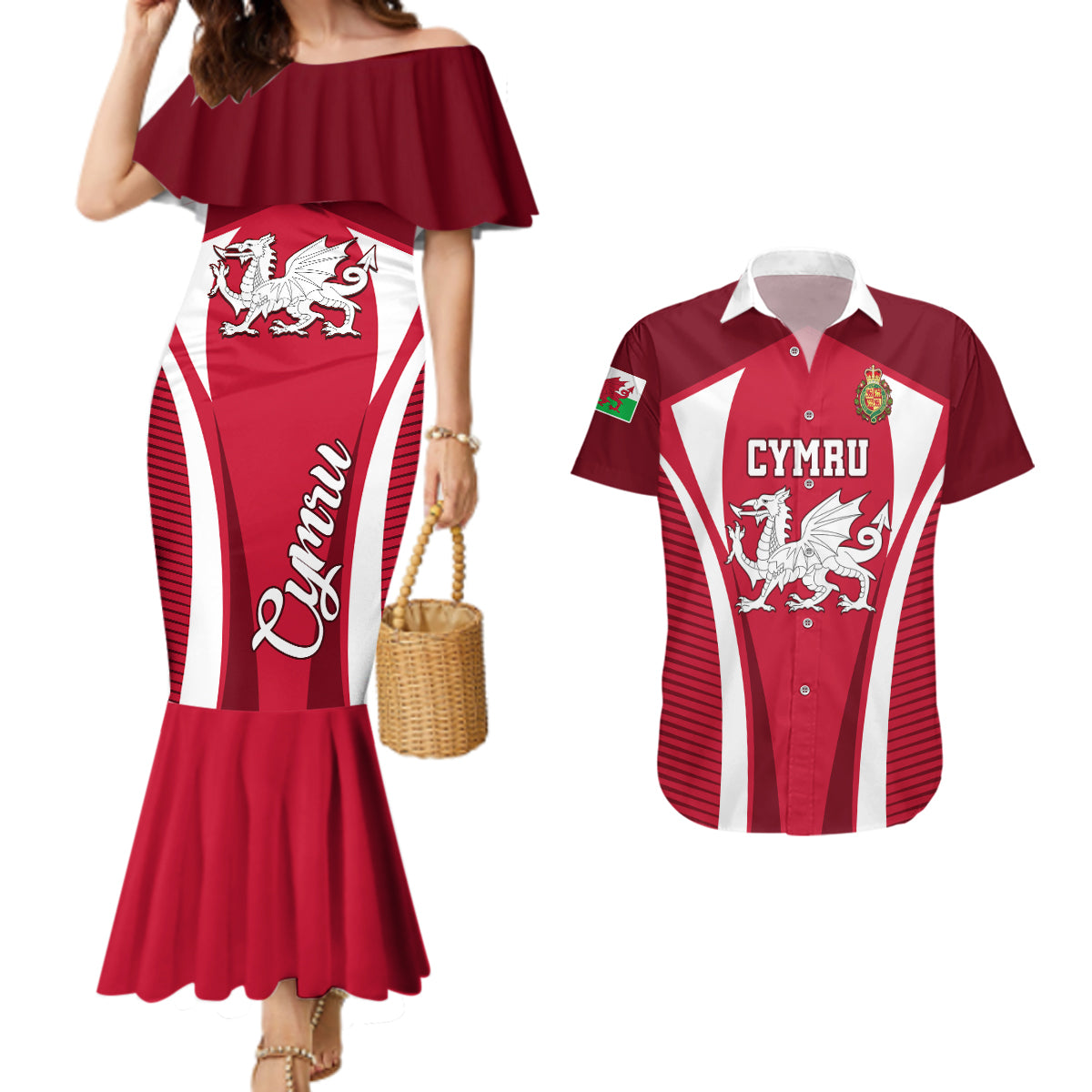 Wales Rugby Couples Matching Mermaid Dress and Hawaiian Shirt Three Feathers Dragon 2023 World Cup - Wonder Print Shop