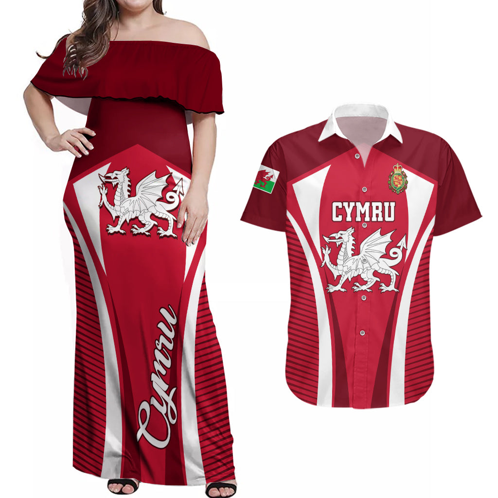 Wales Rugby Couples Matching Off Shoulder Maxi Dress and Hawaiian Shirt Three Feathers Dragon 2023 World Cup - Wonder Print Shop