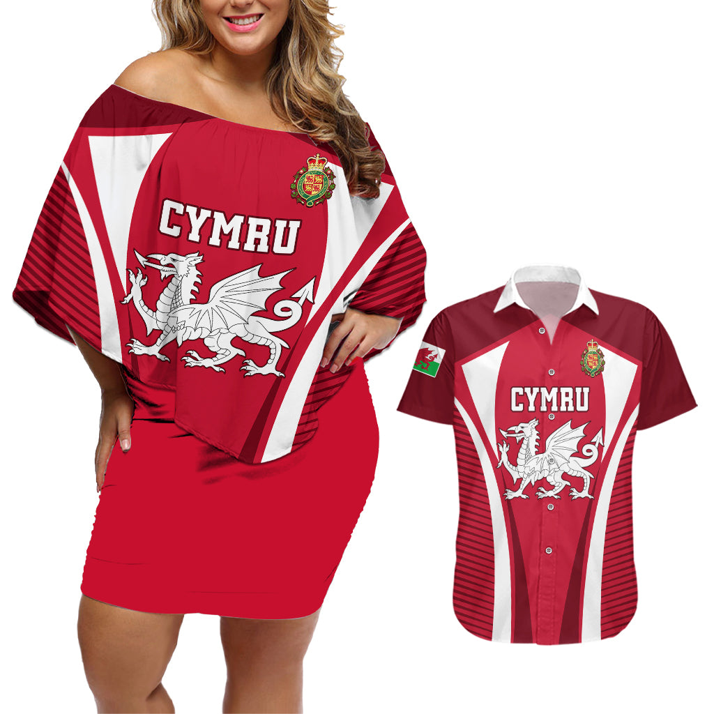 Wales Rugby Couples Matching Off Shoulder Short Dress and Hawaiian Shirt Three Feathers Dragon 2023 World Cup - Wonder Print Shop