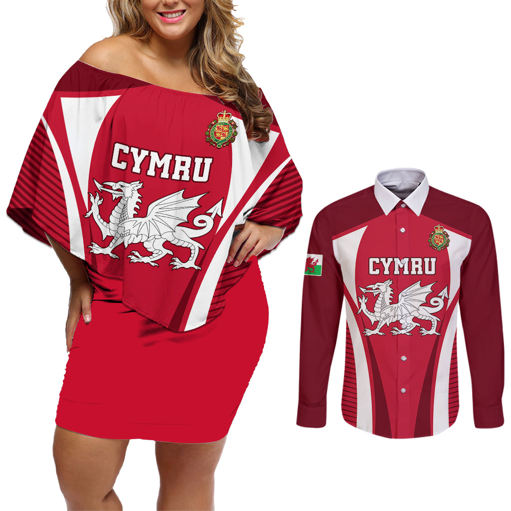 Wales Rugby Couples Matching Off Shoulder Short Dress and Long Sleeve Button Shirts Three Feathers Dragon 2023 World Cup - Wonder Print Shop