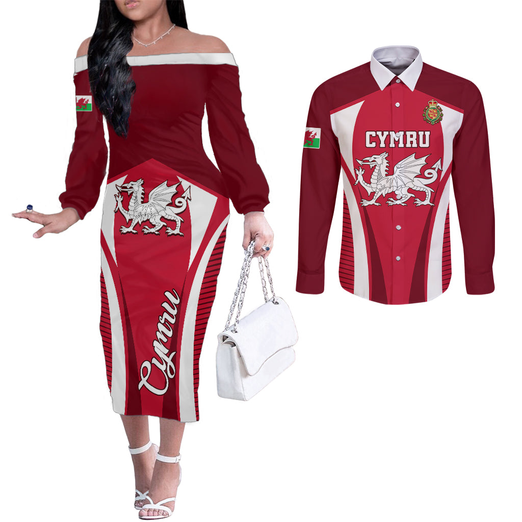 wales-rugby-couples-matching-off-the-shoulder-long-sleeve-dress-and-long-sleeve-button-shirts-three-feathers-dragon-2023-world-cup