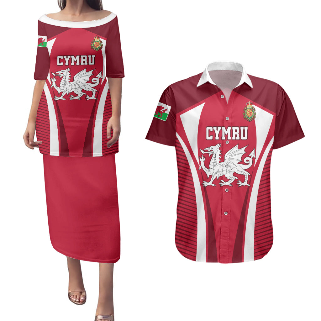 Wales Rugby Couples Matching Puletasi Dress and Hawaiian Shirt Three Feathers Dragon 2023 World Cup - Wonder Print Shop