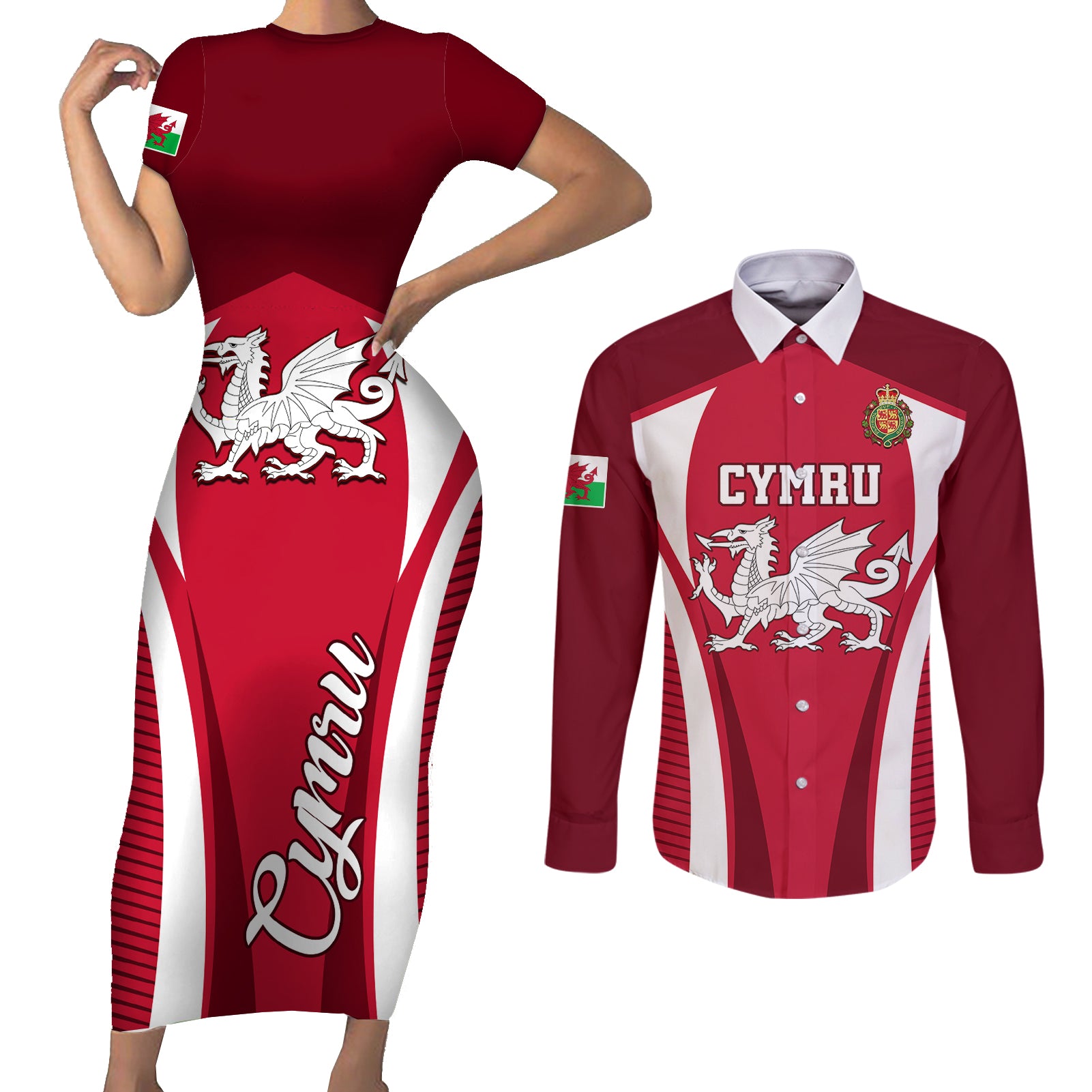 Wales Rugby Couples Matching Short Sleeve Bodycon Dress and Long Sleeve Button Shirts Three Feathers Dragon 2023 World Cup - Wonder Print Shop