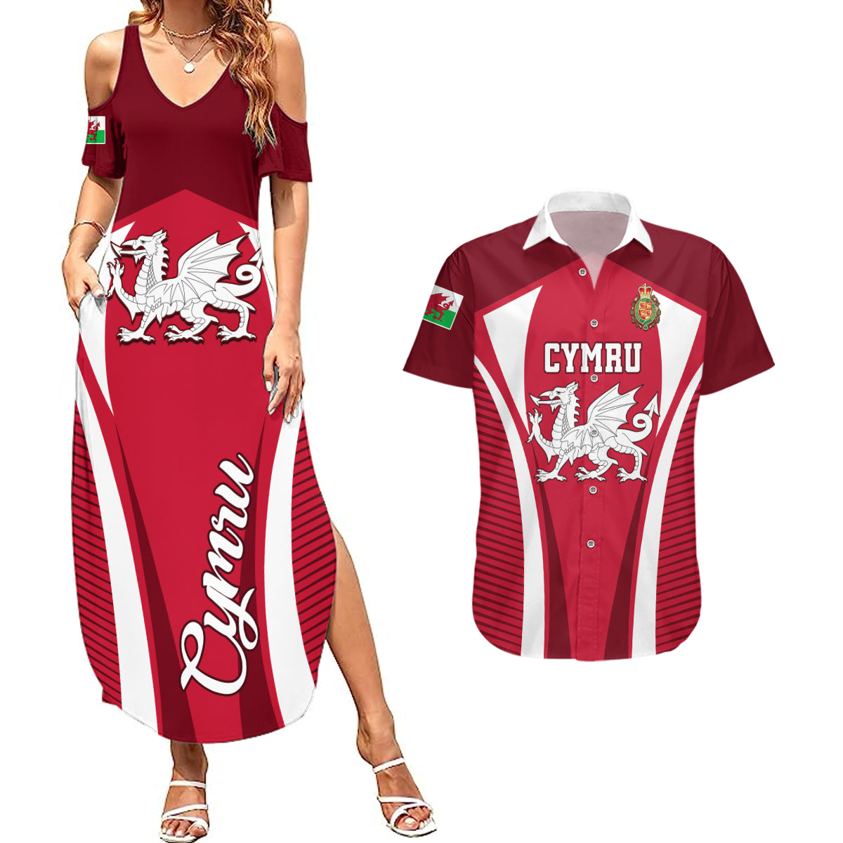 Wales Rugby Couples Matching Summer Maxi Dress and Hawaiian Shirt Three Feathers Dragon 2023 World Cup - Wonder Print Shop