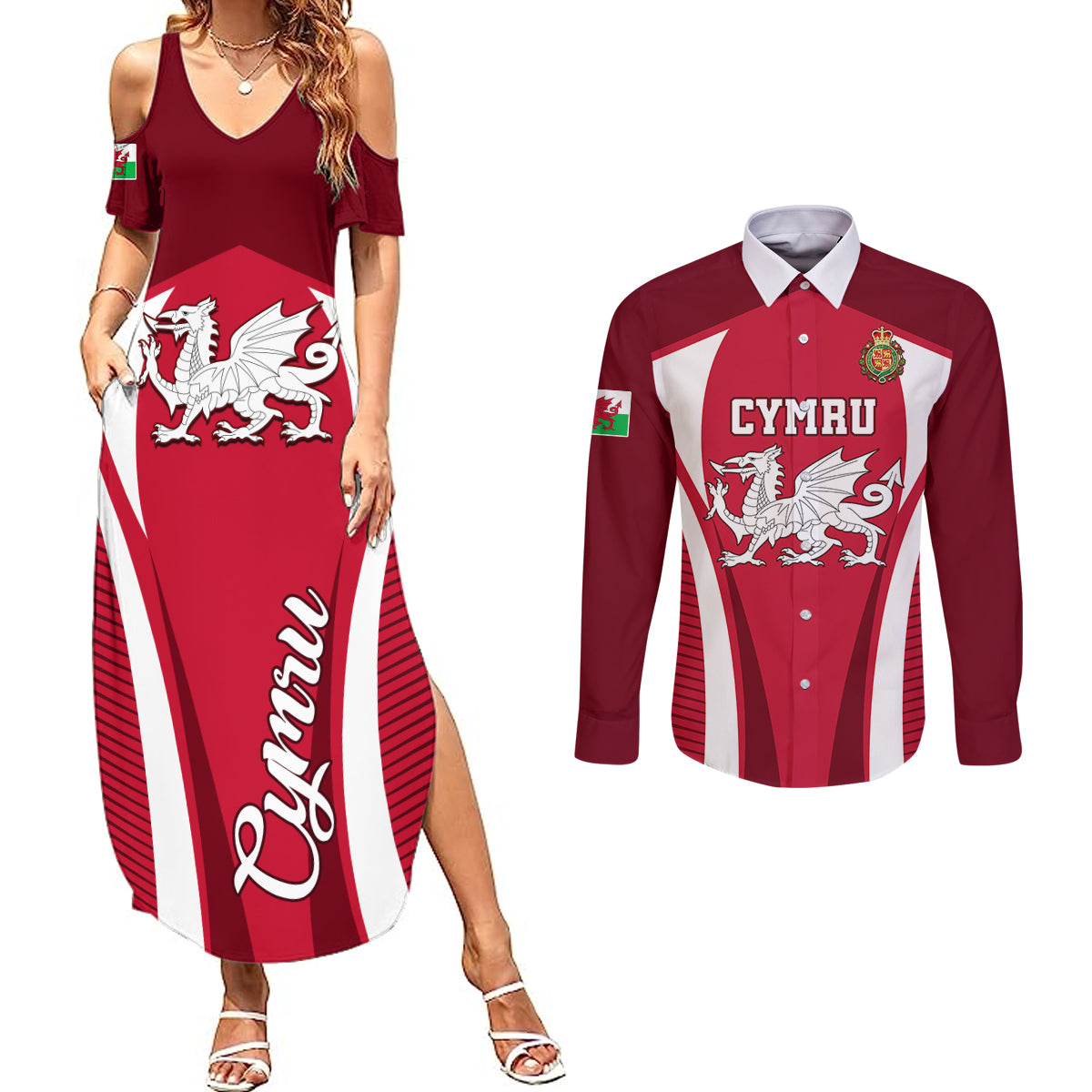 Wales Rugby Couples Matching Summer Maxi Dress and Long Sleeve Button Shirts Three Feathers Dragon 2023 World Cup - Wonder Print Shop