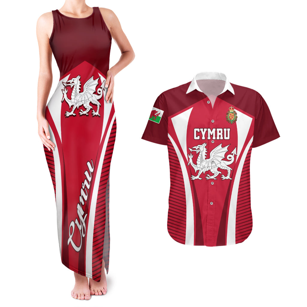 Wales Rugby Couples Matching Tank Maxi Dress and Hawaiian Shirt Three Feathers Dragon 2023 World Cup - Wonder Print Shop