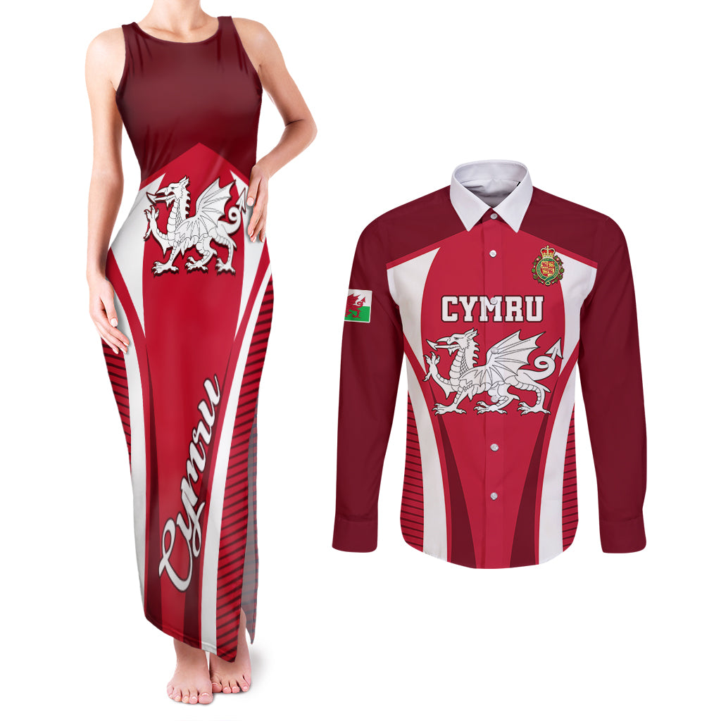 Wales Rugby Couples Matching Tank Maxi Dress and Long Sleeve Button Shirts Three Feathers Dragon 2023 World Cup - Wonder Print Shop