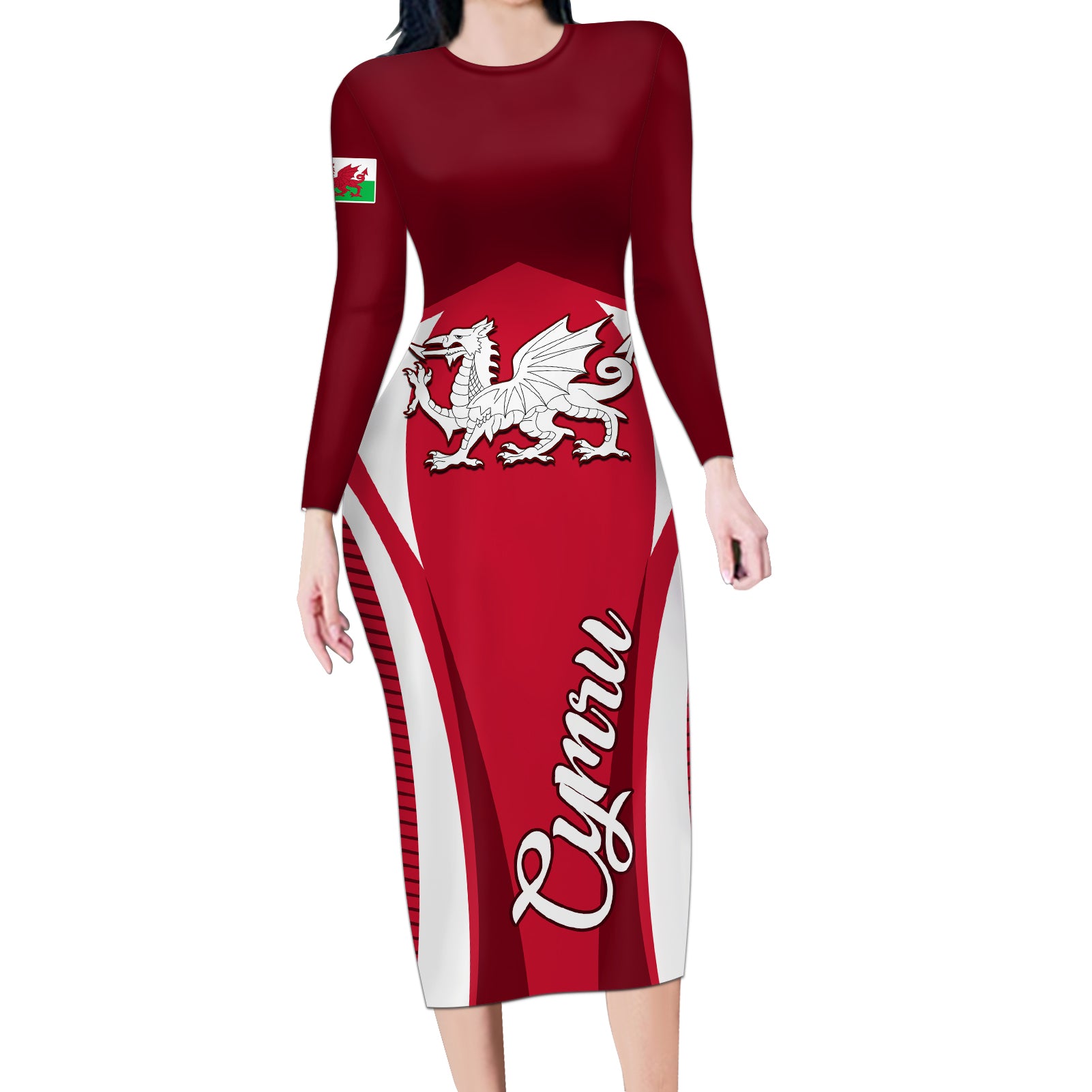 Wales Rugby Long Sleeve Bodycon Dress Three Feathers Dragon 2023 World Cup - Wonder Print Shop