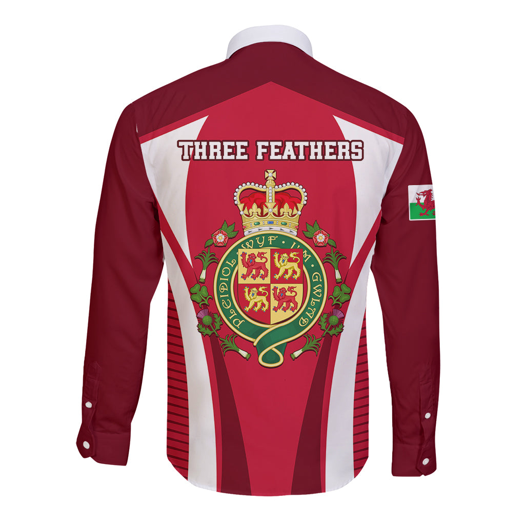 Red rugby long-sleeve button shirt with Three Feathers text and back crest emblem