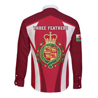 Red rugby long-sleeve button shirt with Three Feathers text and back crest emblem