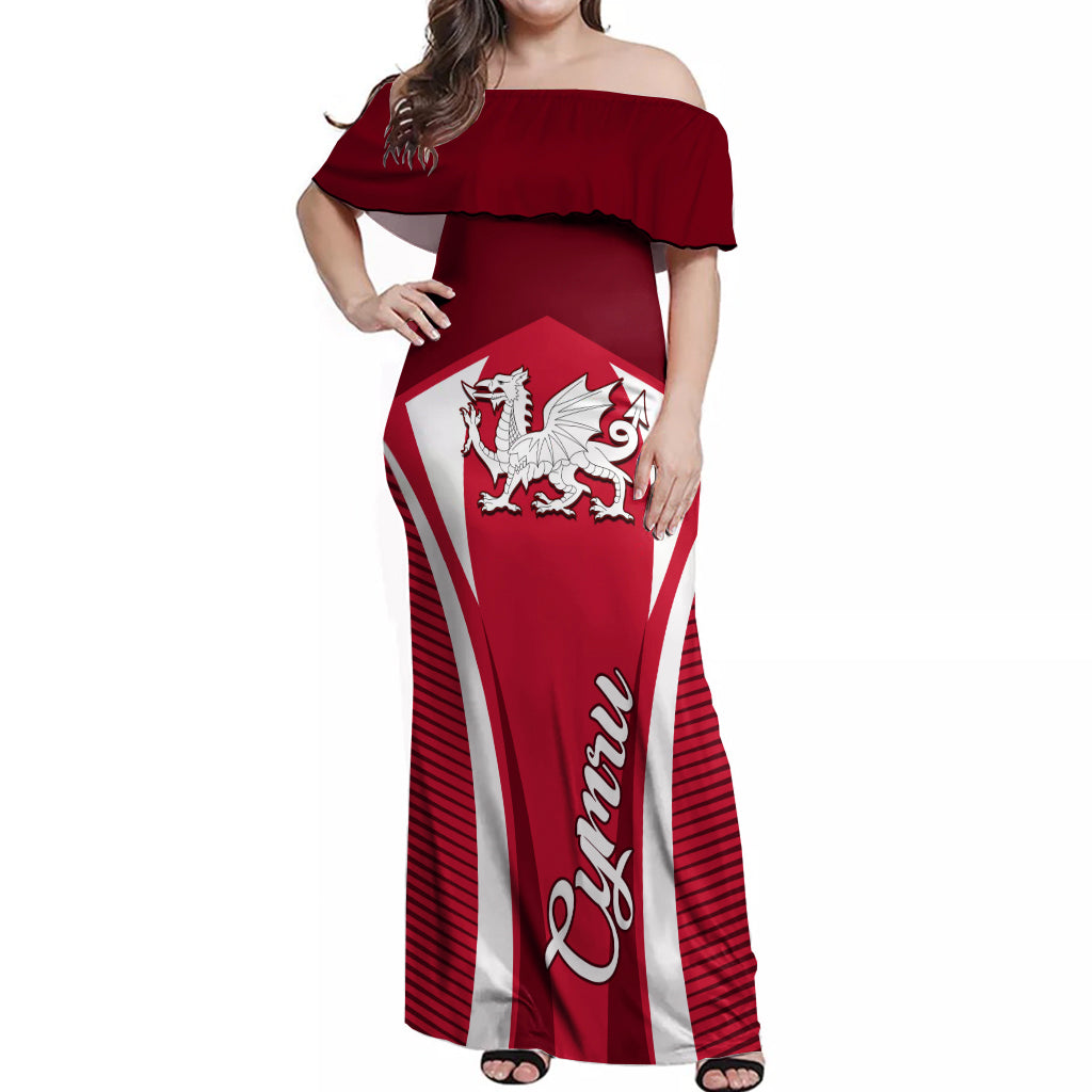 Wales Rugby Off Shoulder Maxi Dress Three Feathers Dragon 2023 World Cup - Wonder Print Shop