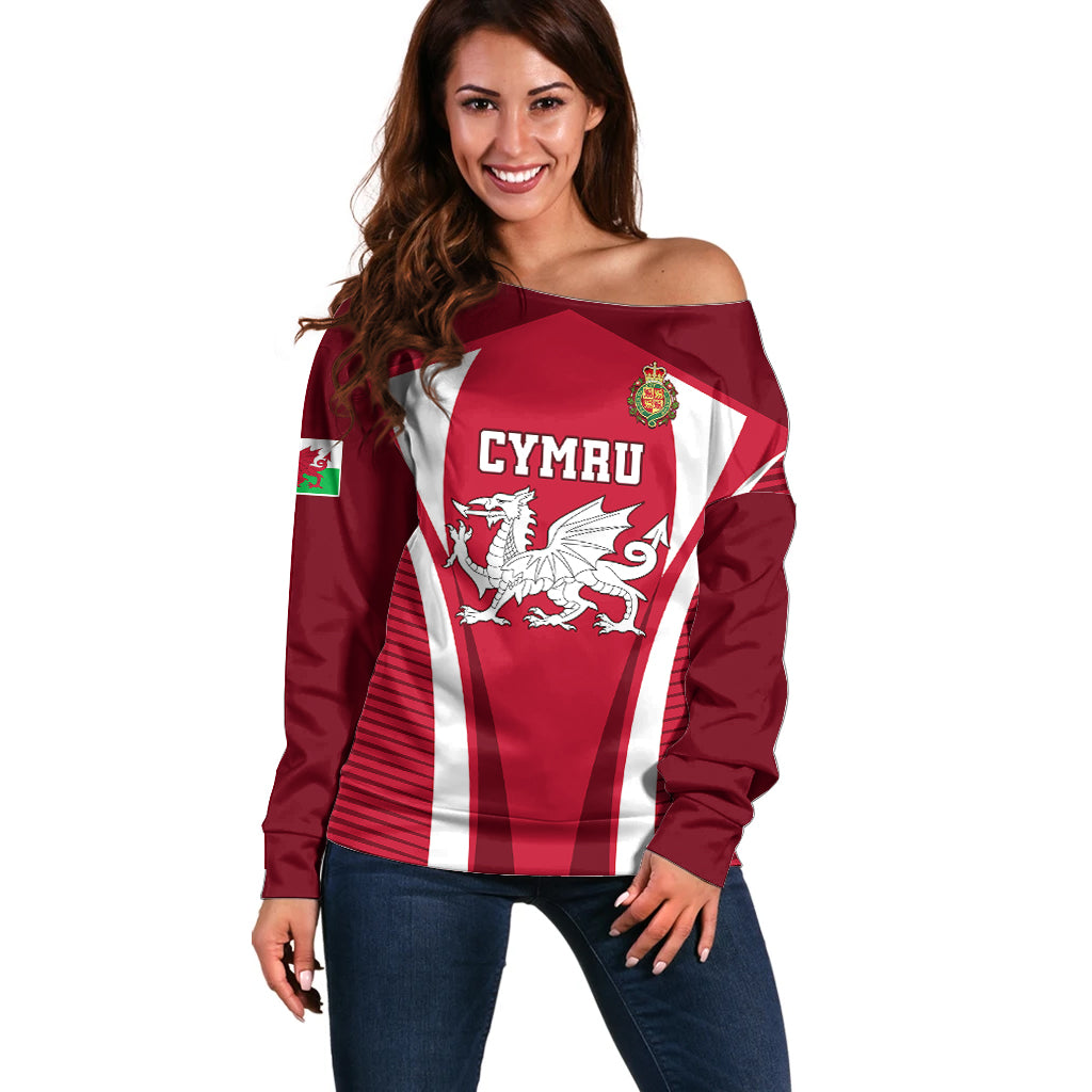 Wales Rugby Off Shoulder Sweater Three Feathers Dragon 2023 World Cup - Wonder Print Shop