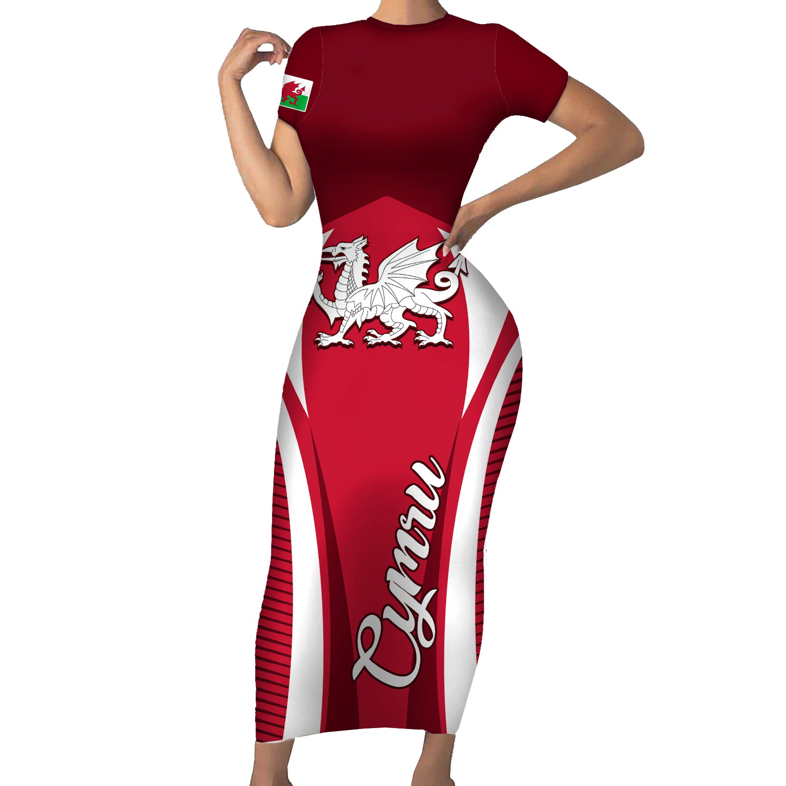 wales-rugby-short-sleeve-bodycon-dress-three-feathers-dragon-2023-world-cup